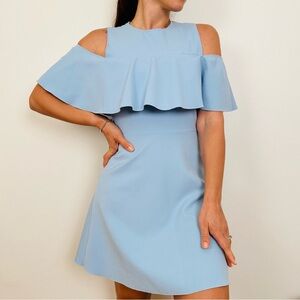 Zara Cold Shoulder Ruffle Skater Mini Dress Fit and Flare pastel Blue Babydoll